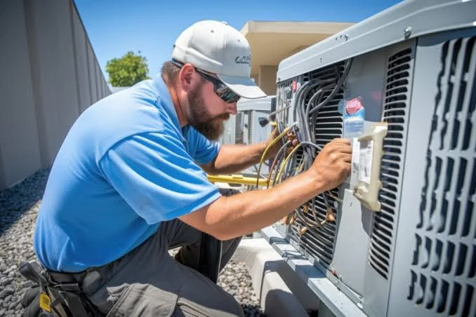 Technician inspecting wiring on an outdoor air conditioning condenser