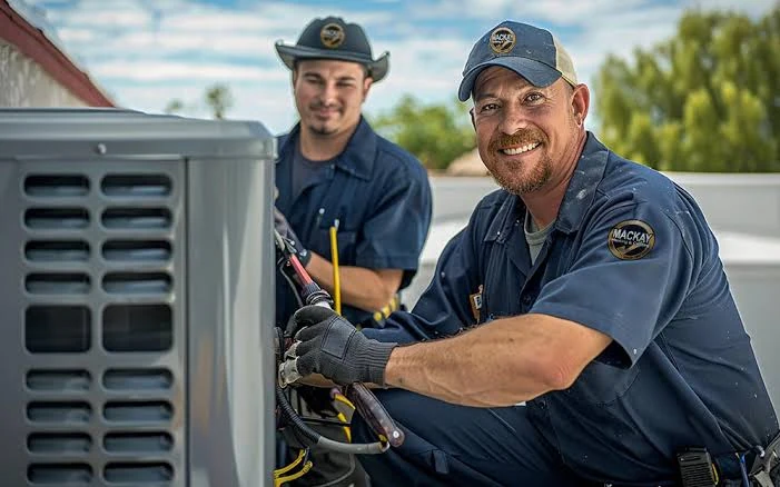 Two technicians examining an outdoor air conditioning unit