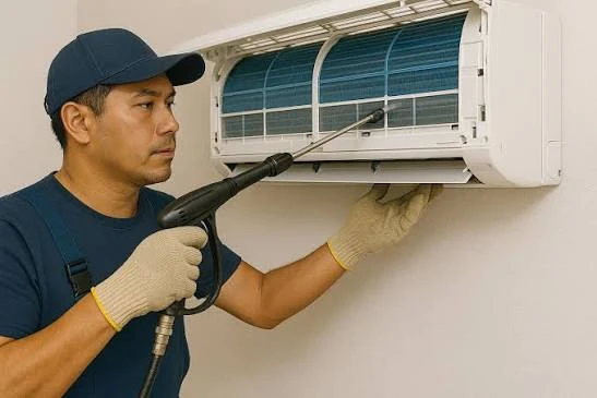 Technician cleaning a wall-mounted air conditioning system