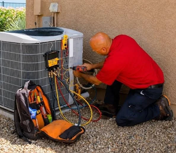 Technician servicing a condenser with diagnostic gauges and tools